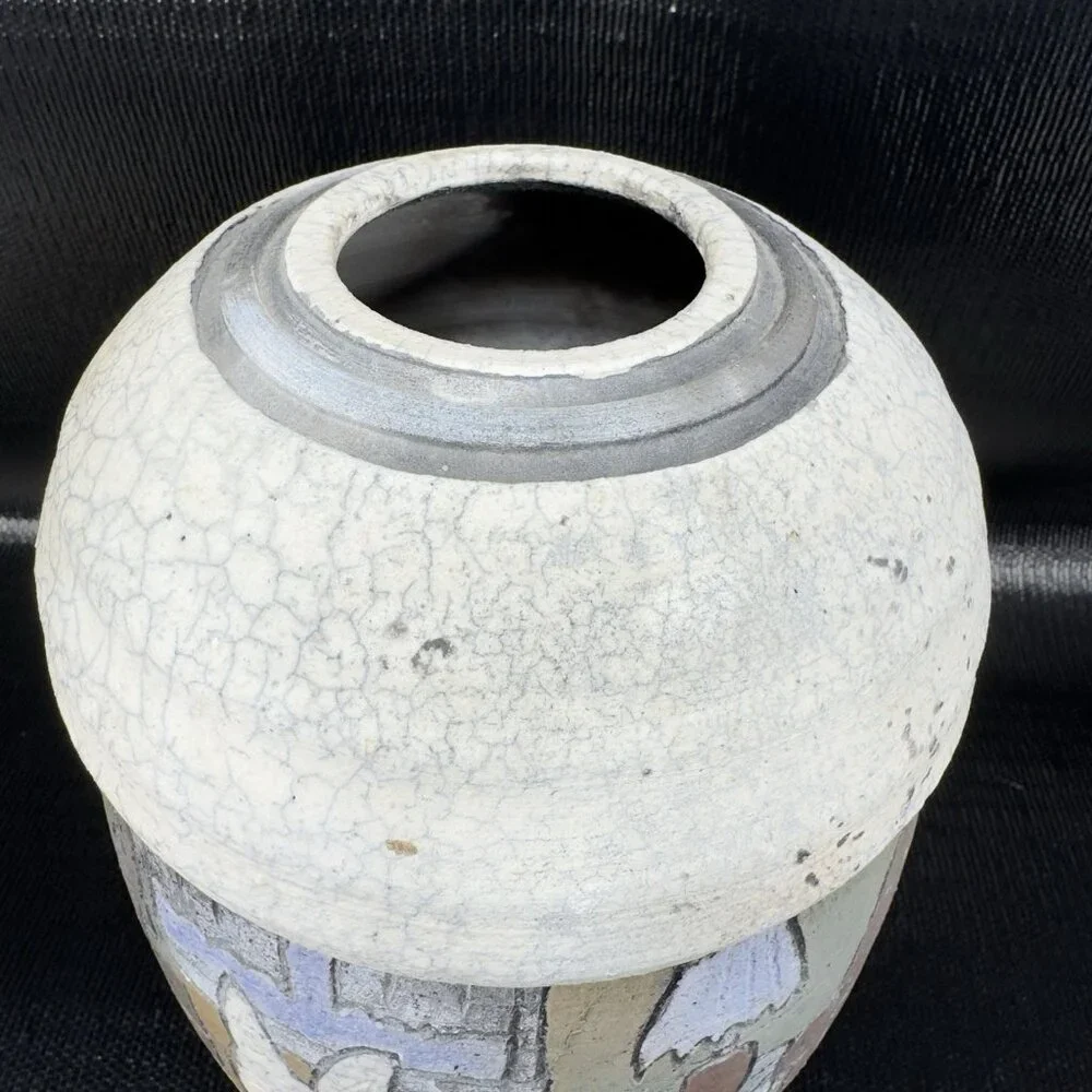 Vintage Hand Made Raku Pottery Large Vase Vessel Dog‎ Fish Couch Signed READ